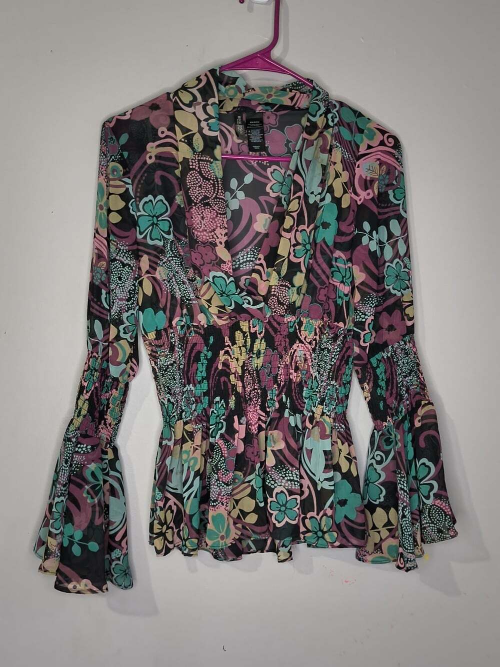 Bisou Bisou Blouse Women’s XS Sheer Floral Bell Sleeve Top Michele Bobbot